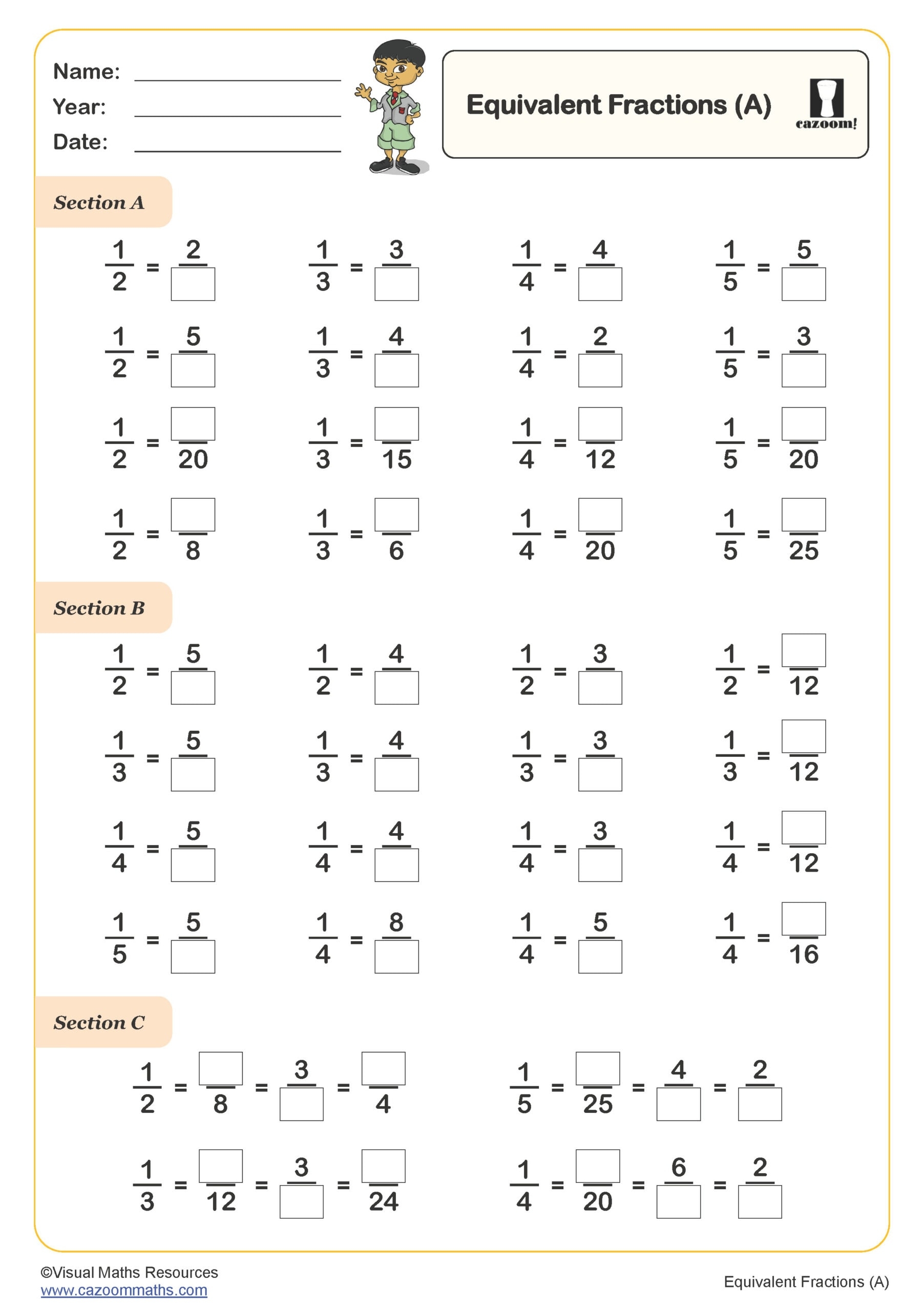 Equivalent Fractions A Worksheet PDF Printable Number Worksheets