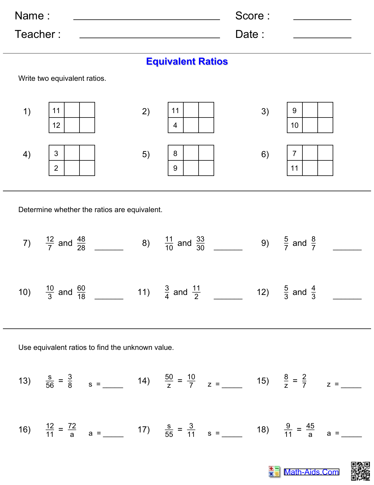 Equivalent Ratios Worksheet Math Practice