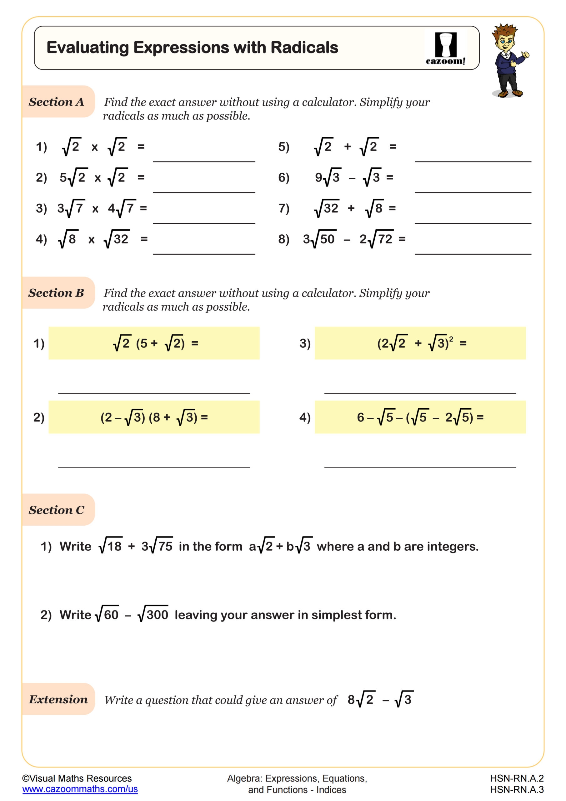 Evaluating Expressions With Radicals Worksheet PDF Printable Algebra Worksheet Cazoom Math