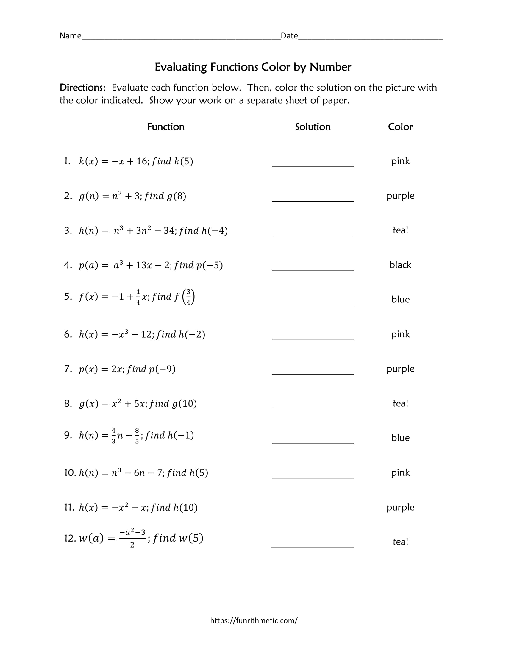 Evaluating Functions Color By Number Funrithmetic