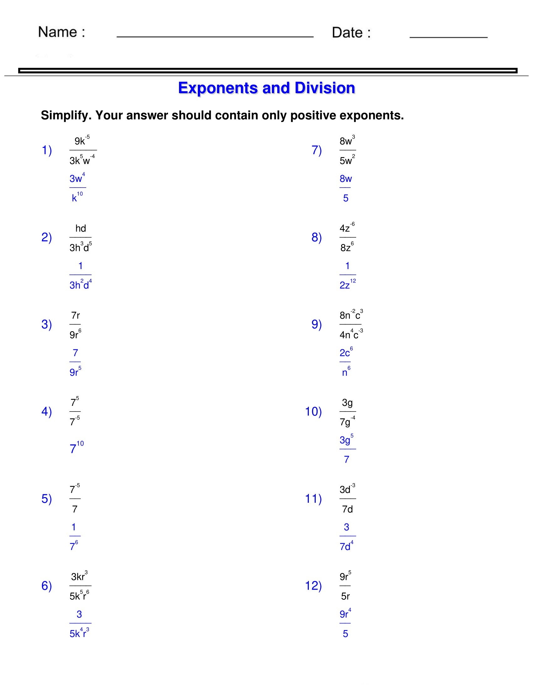 algebra positive exponents worksheet pdf