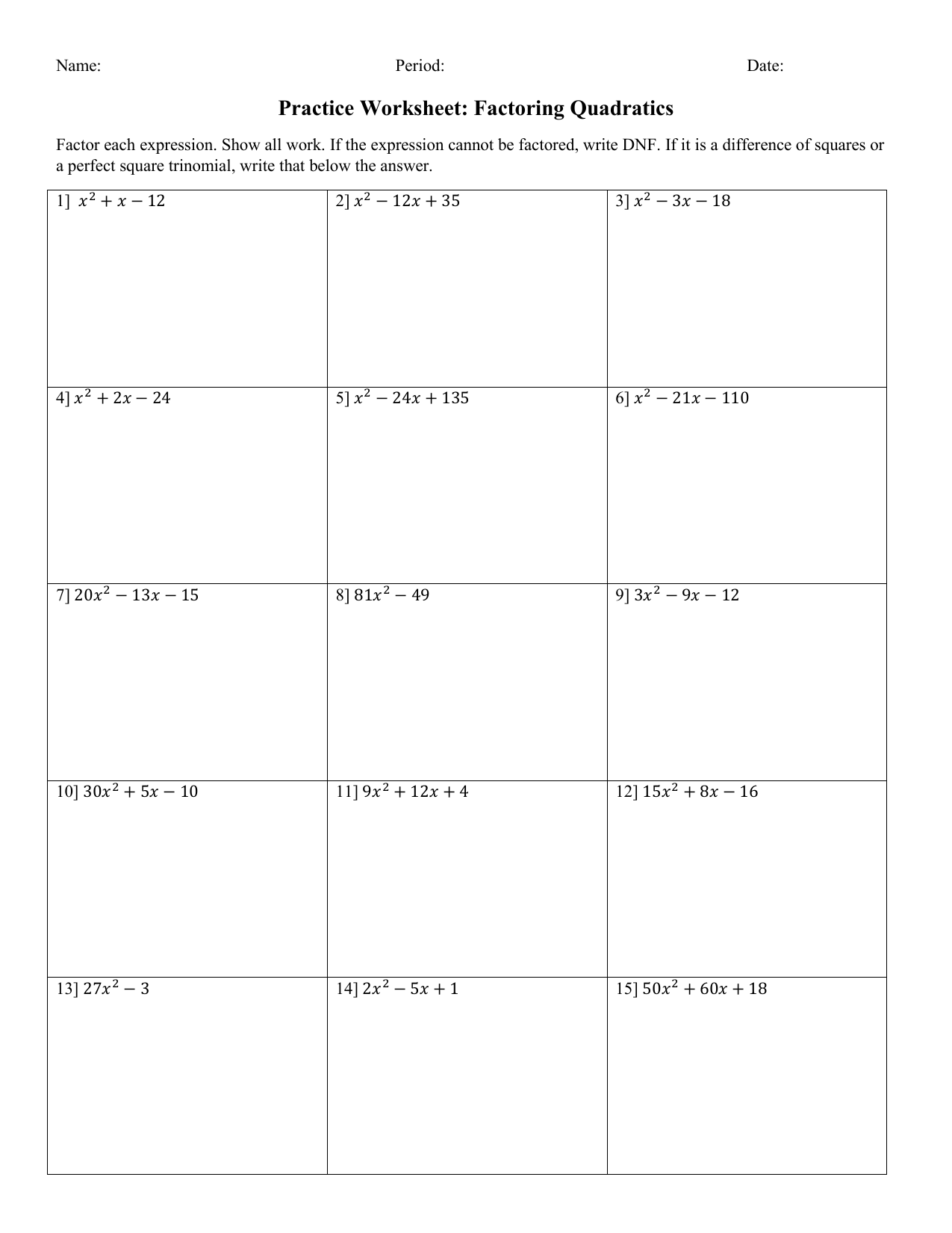 Factoring Quadratics Worksheet