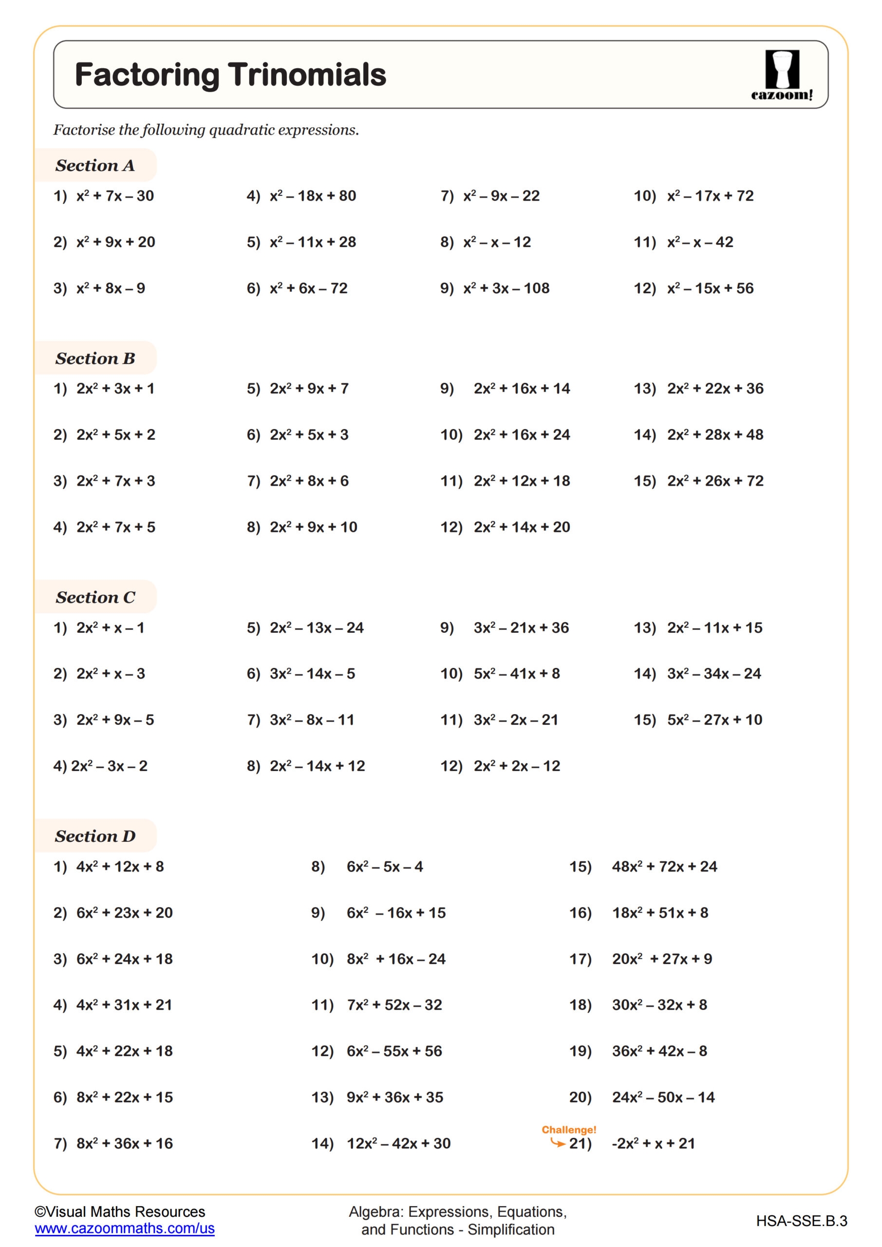 Factoring Trinomials Worksheet PDF Printable Algebra Worksheet Cazoom Math