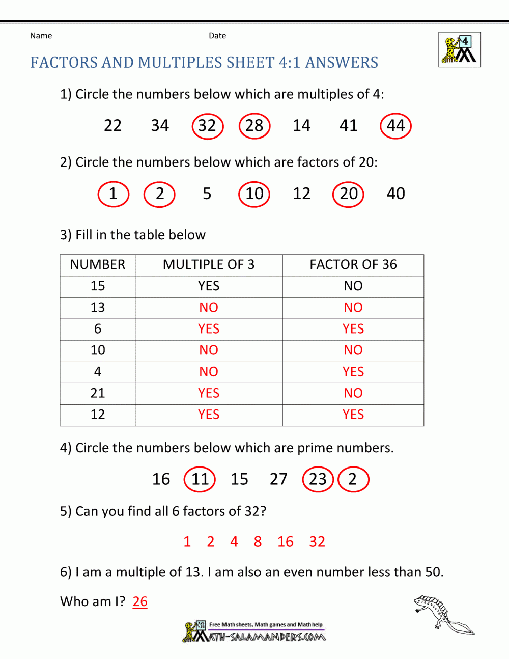 Factors And Multiples Sheet 4 1 Answers