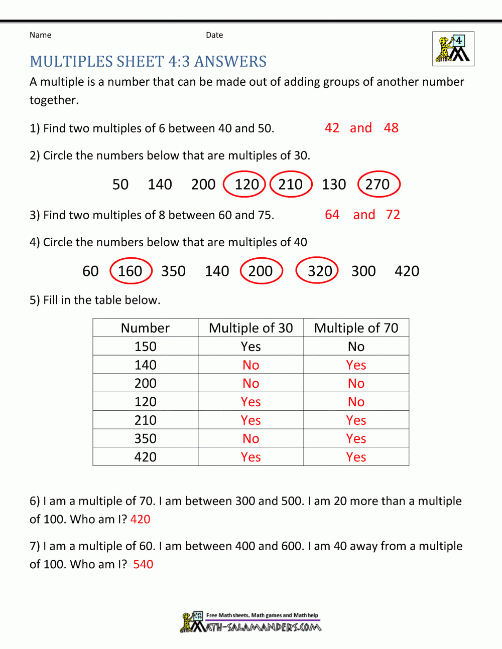 Factors And Multiples Worksheet