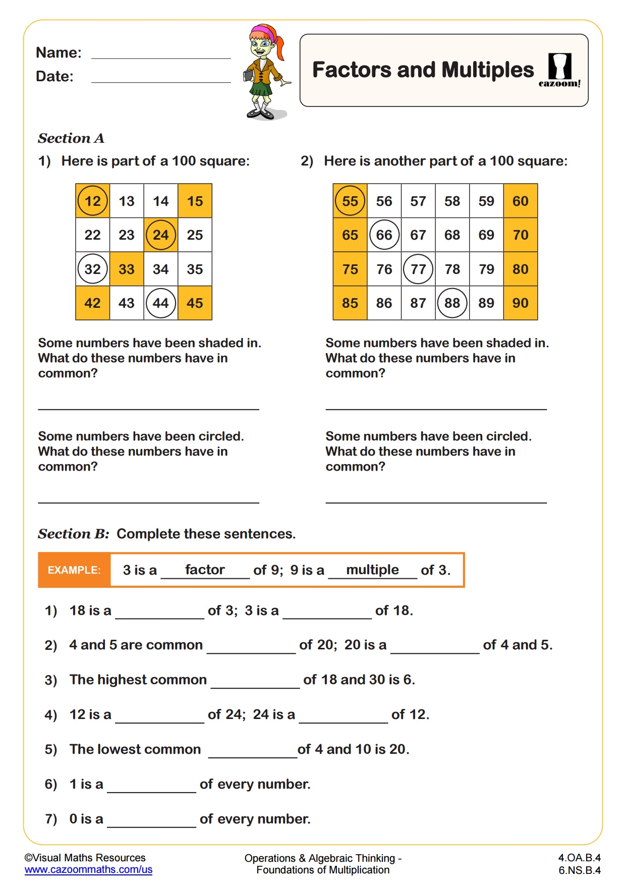 Factors And Multiples Worksheet PDF Printable Operations And Algebraic Thinking Worksheets Cazoom Math