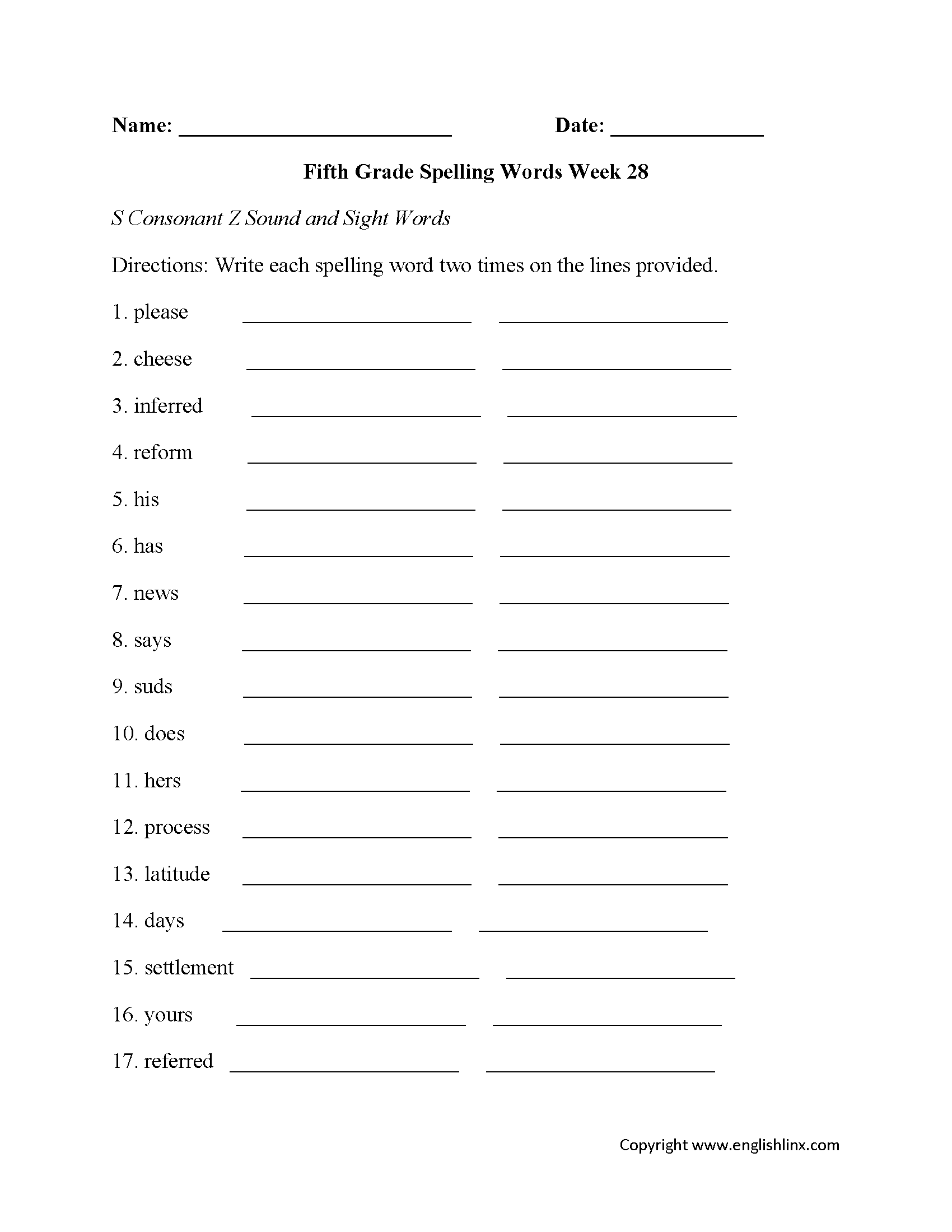 Fifth Grade Spelling Worksheets Printable Word Lists Weekly Practice