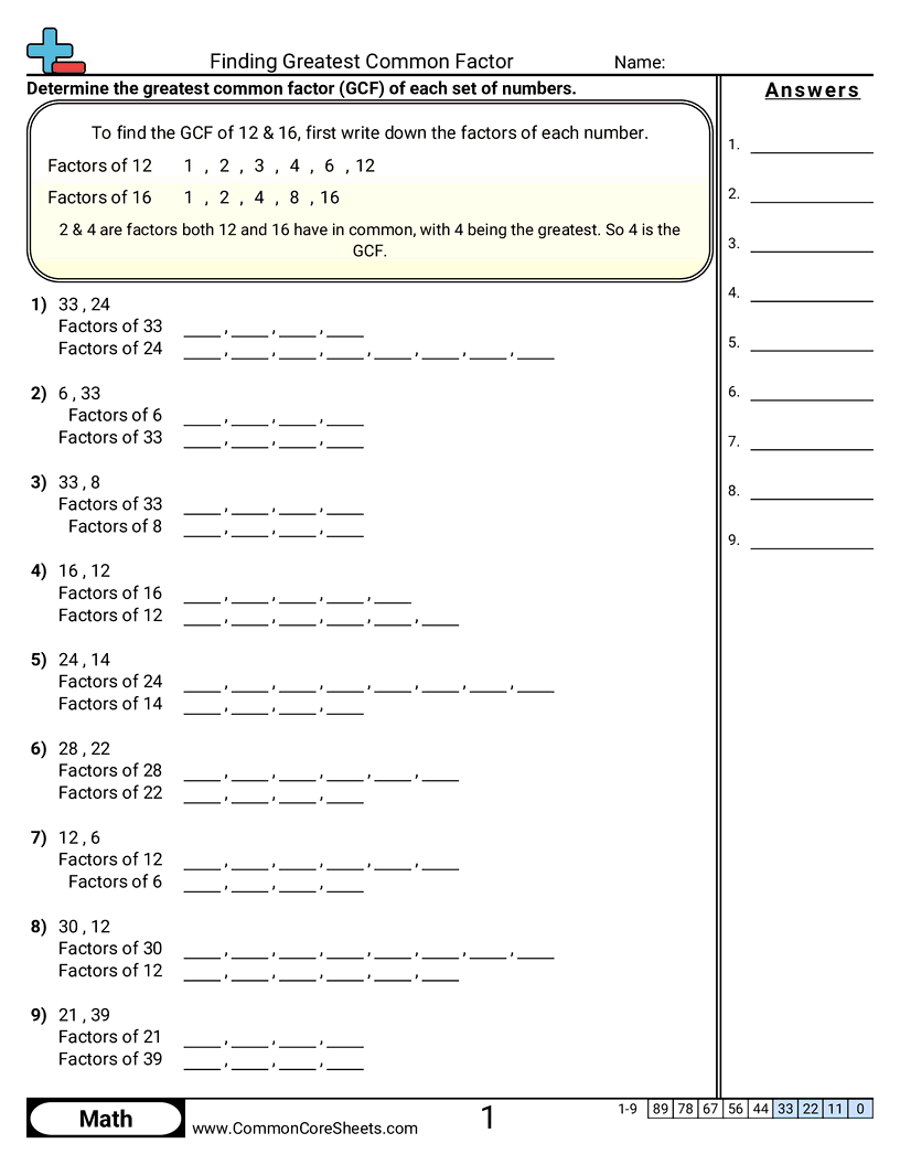 Finding Greatest Common Factor Worksheet Download
