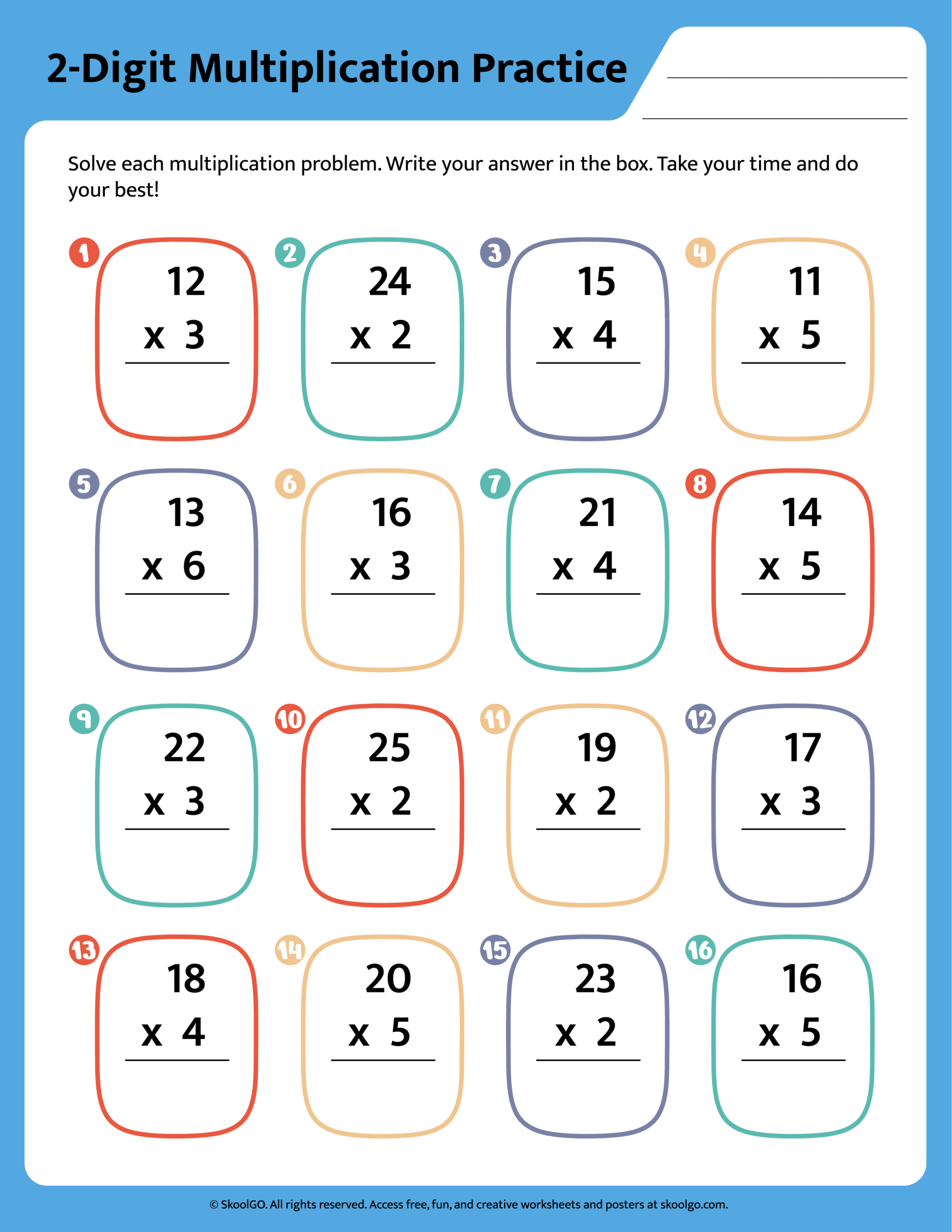 Free 2 Digit Multiplication Worksheet For Grades 2 4