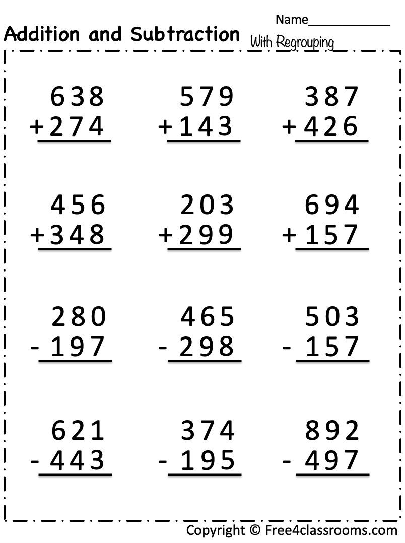 Free Addition And Subtraction Worksheet 3 Digit Numbers With Regrouping Free Worksheets Free4Classrooms