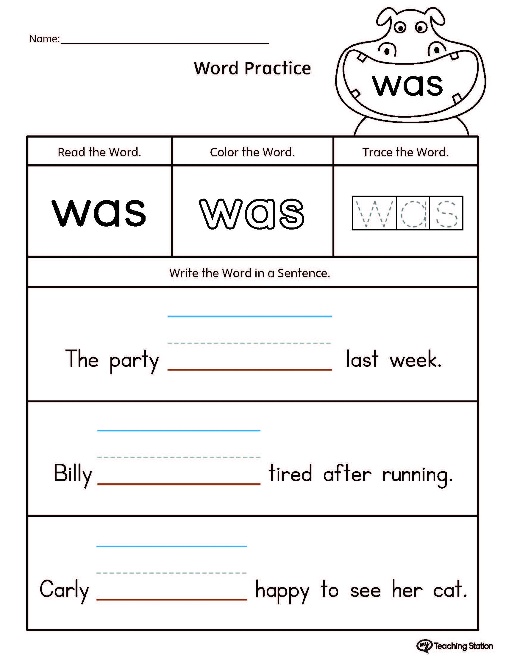 FREE Build Sentences Using Sight Word WAS MyTeachingStation