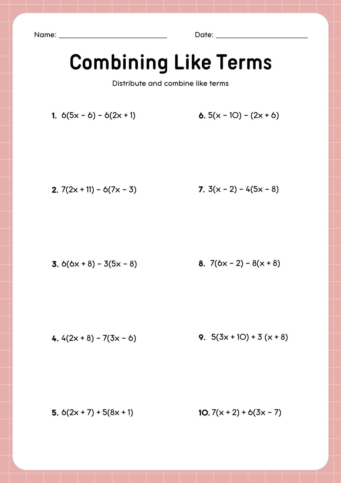 Free Custom Combining Like Terms Worksheet Templates Canva