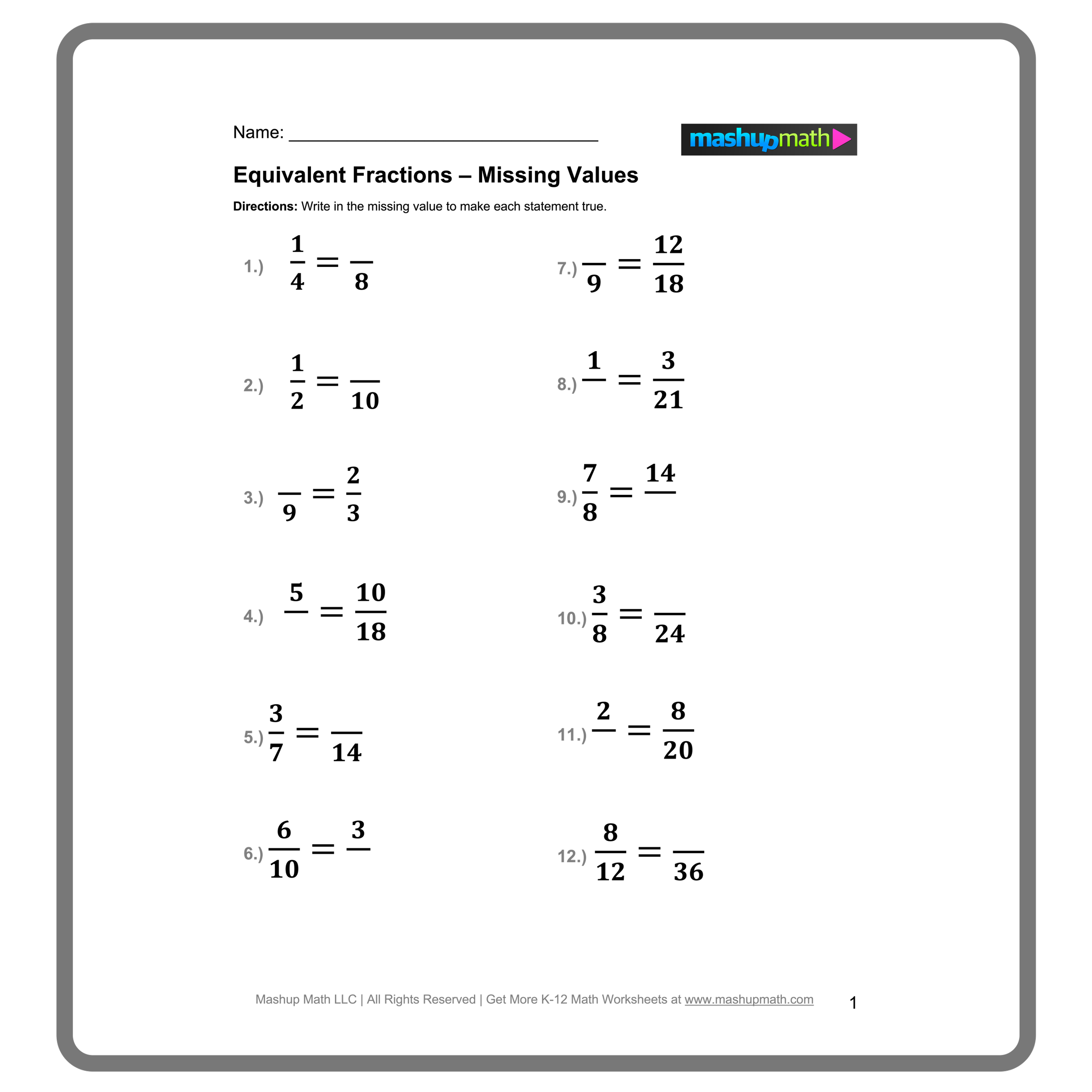 Free Equivalent Fractions Worksheets with Answers Mashup Math