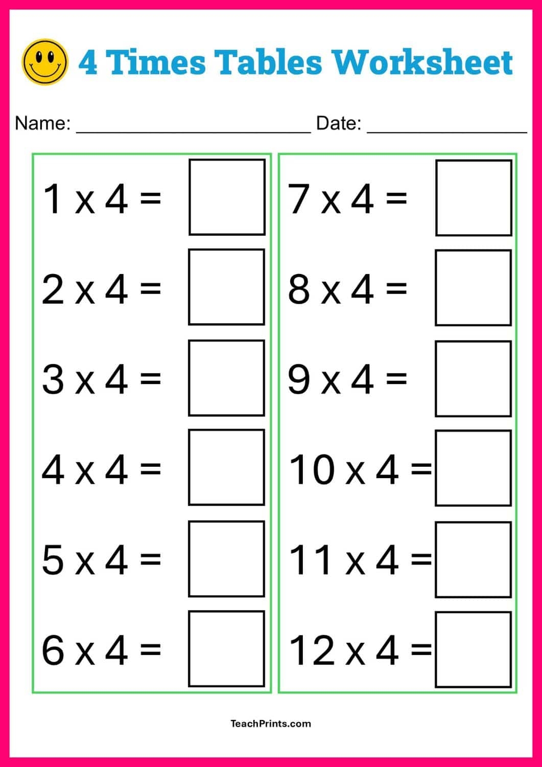 4 times table worksheet