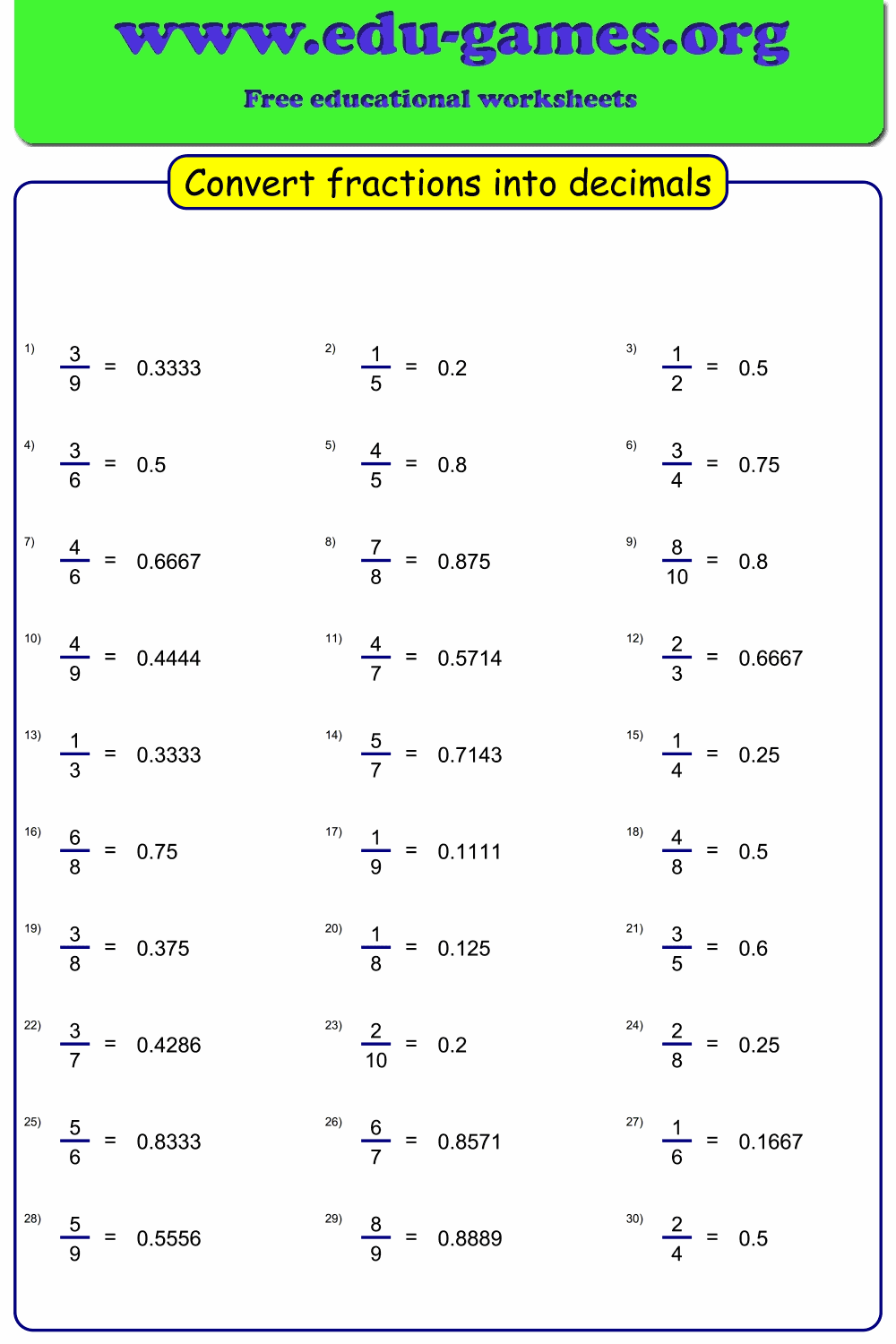 Free Fraction To Decimal Worksheets PDF Easy Generator For Students