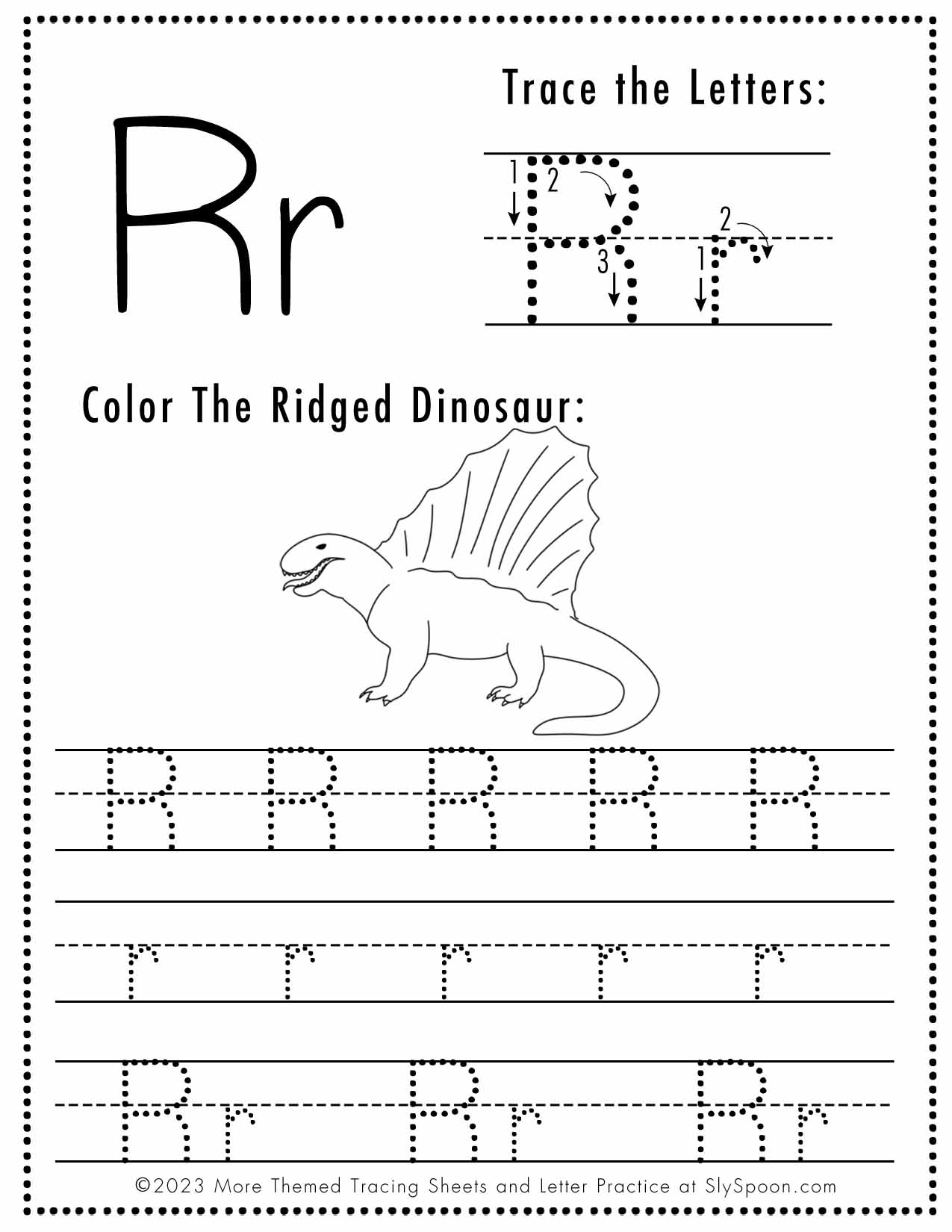 Free Letter R Tracing Worksheet Printable Dinosaur Themed Sly Spoon