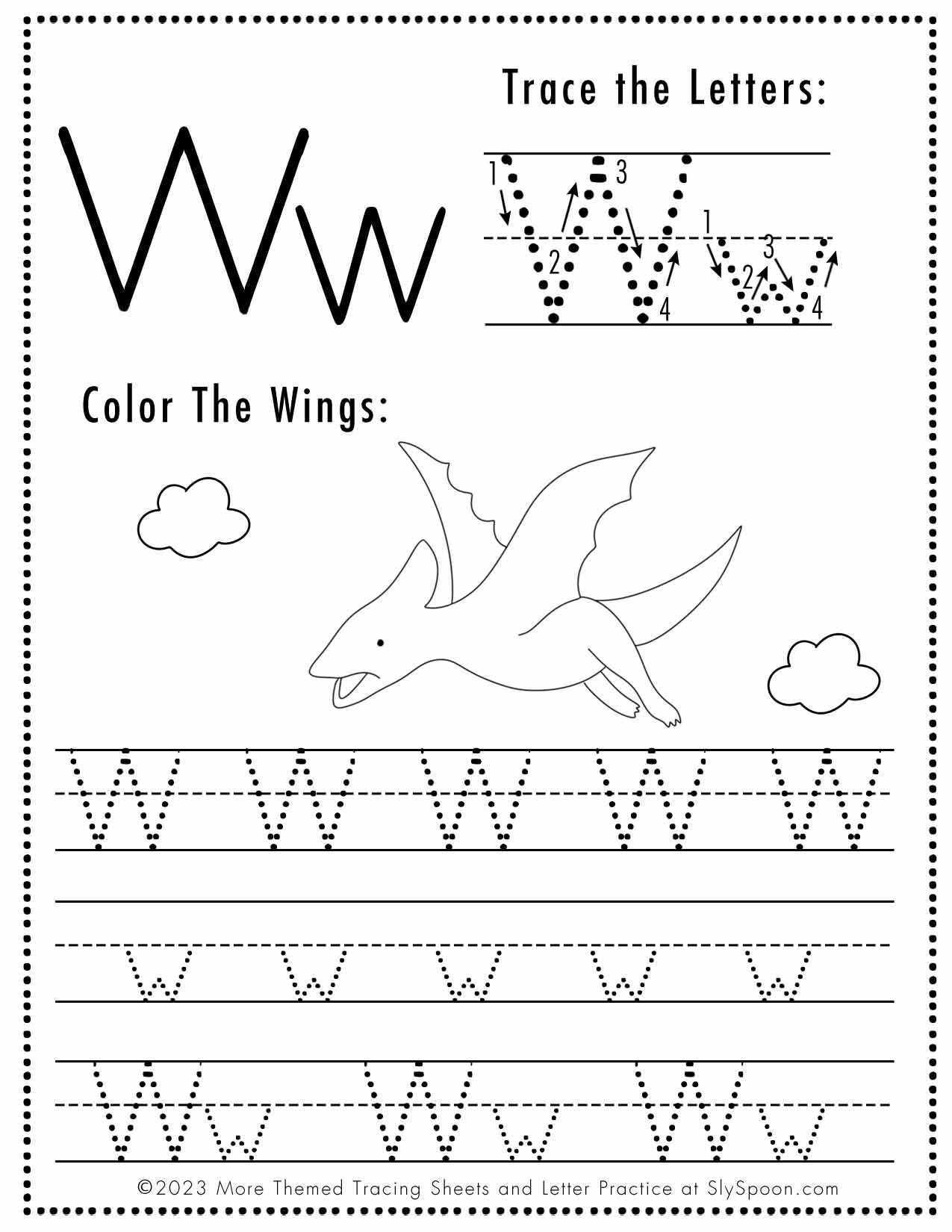 Free Letter W Tracing Worksheet Printable Dinosaur Themed Sly Spoon