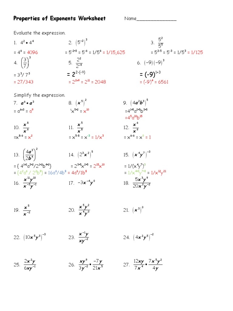 properties of exponents worksheet