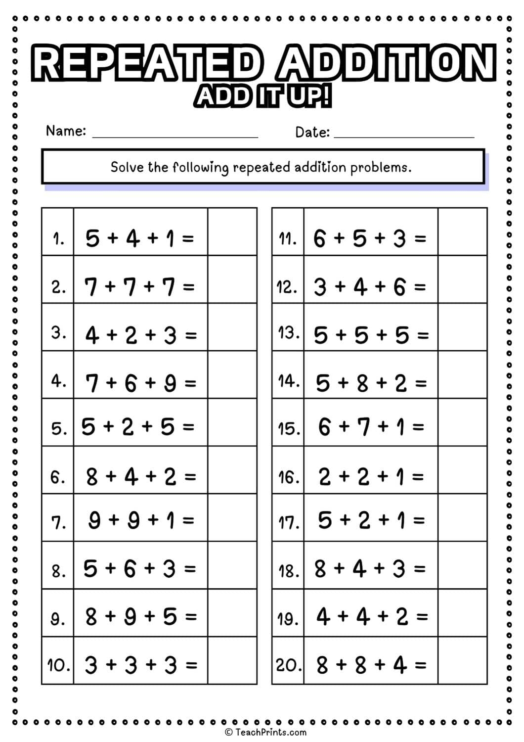 Free Repeated Addition Worksheets Teach Prints