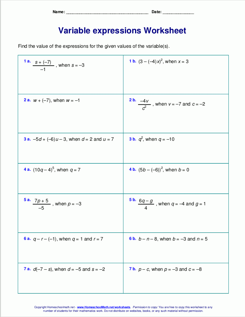 Free Worksheets For Evaluating Expressions With Variables Grades 6 8 Pre algebra And Algebra 1