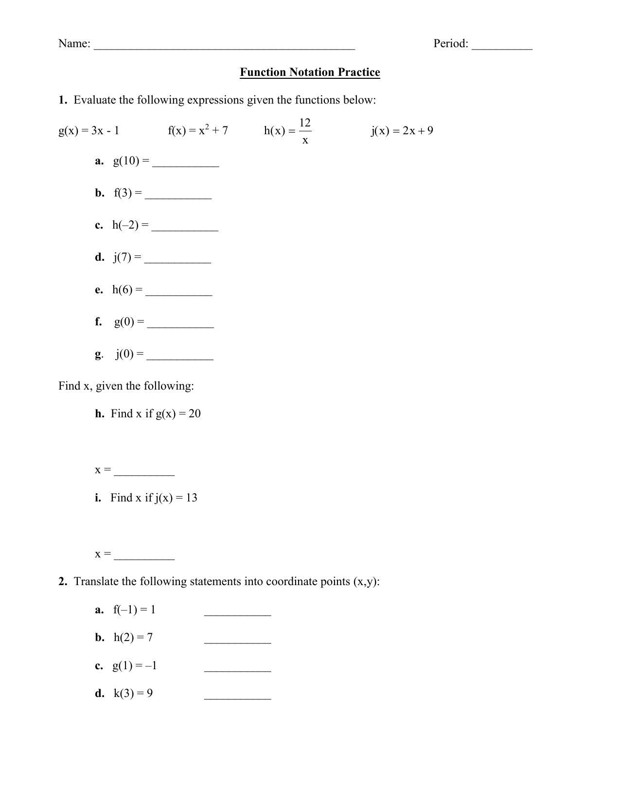 Function Notation Practice Worksheet Function Notation Practice Worksheet