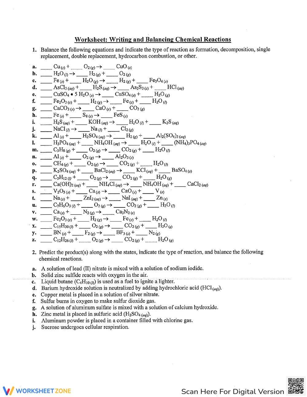 Grade 10 Balancing Chemical Equations Fill In The Blanks Worksheets