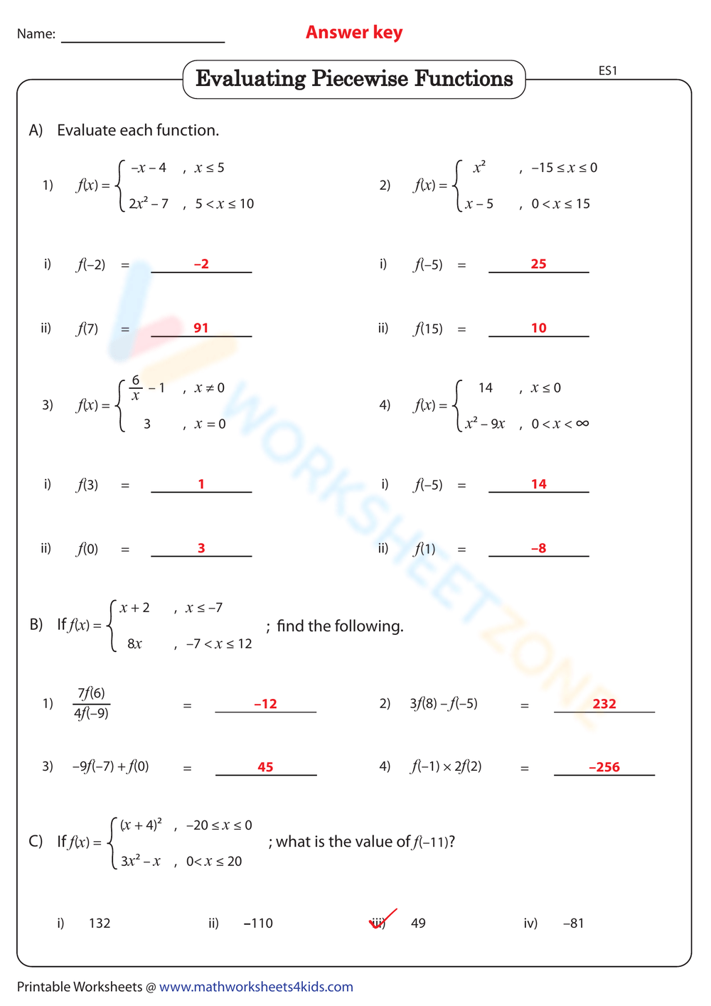 evaluating functions worksheet