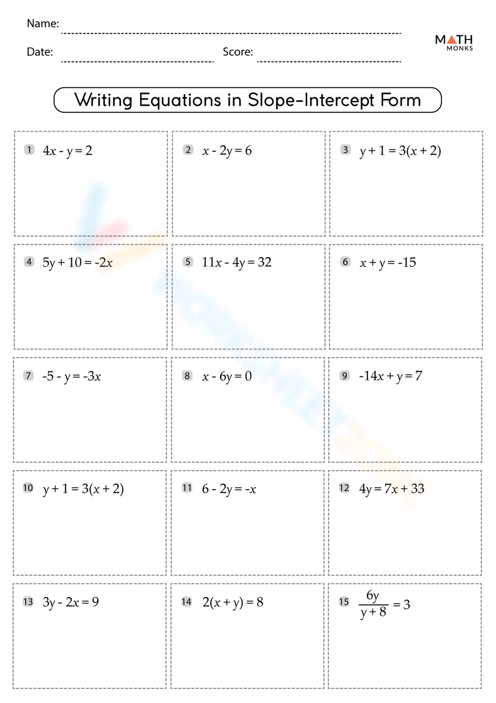 Grade 8 Slope Intercept Form Worksheets Printable