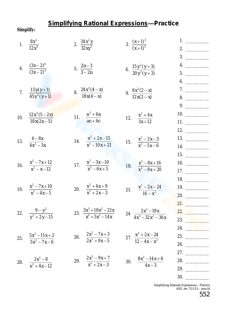 Grade 9 Simplifying Rational Expressions Worksheets Printable