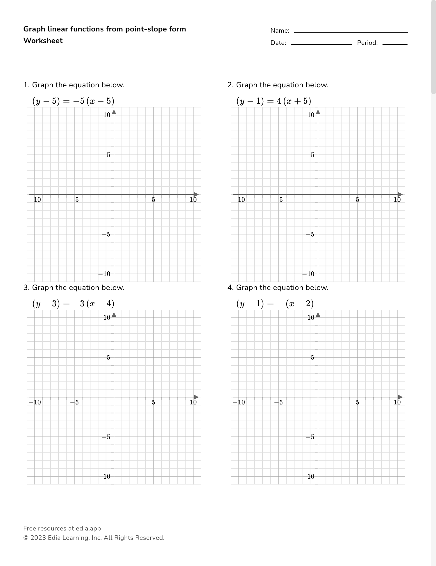 Graph Linear Functions From Point slope Form Worksheet