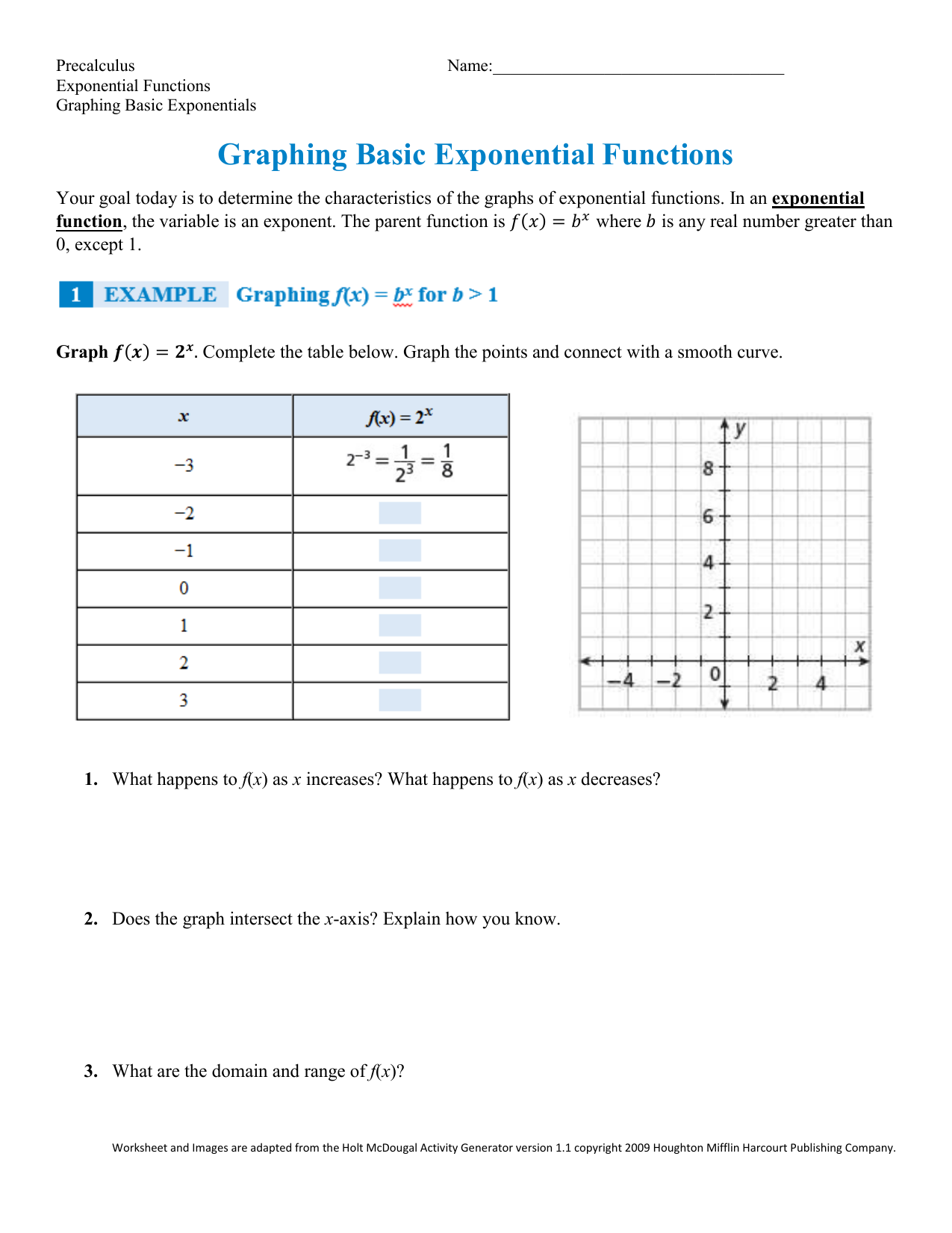 Graphing Exponential Functions Worksheet