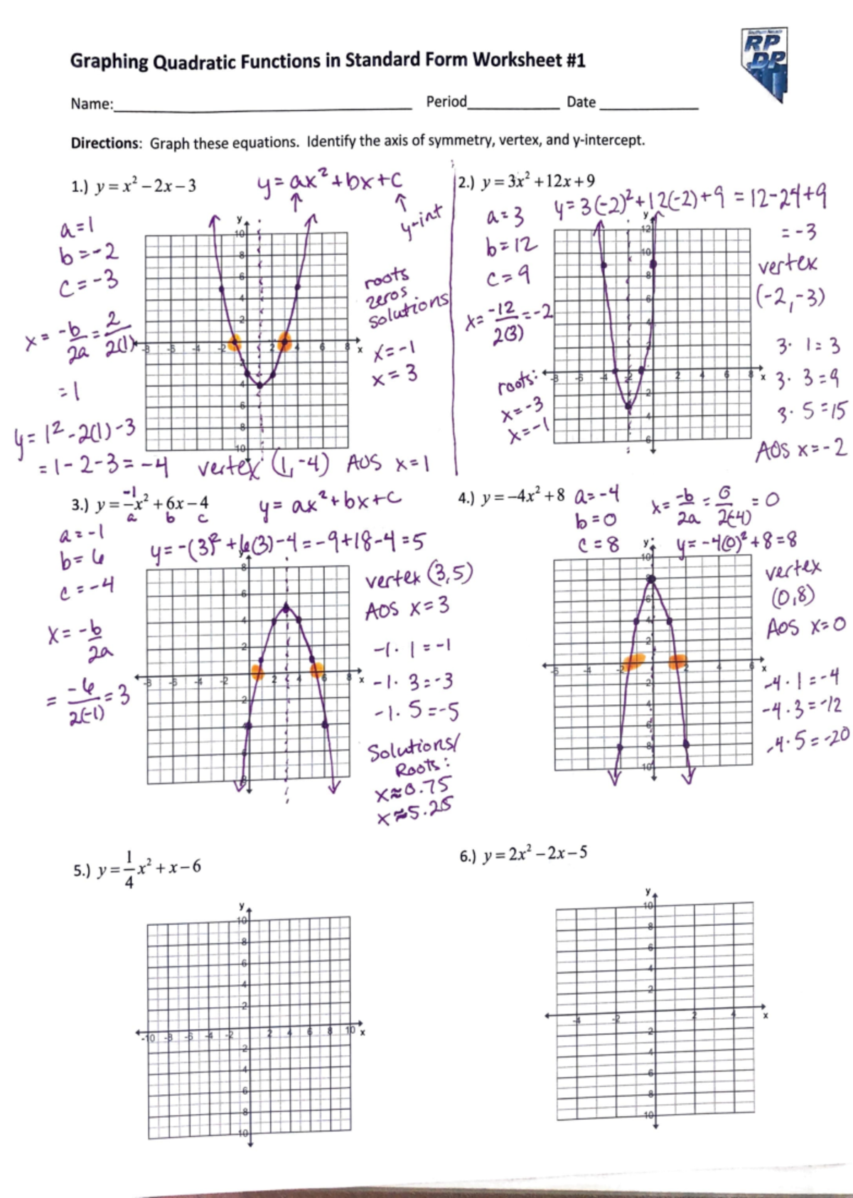 Graphing Quadratic Functions In Standard Form Worksheet 1 Studocu