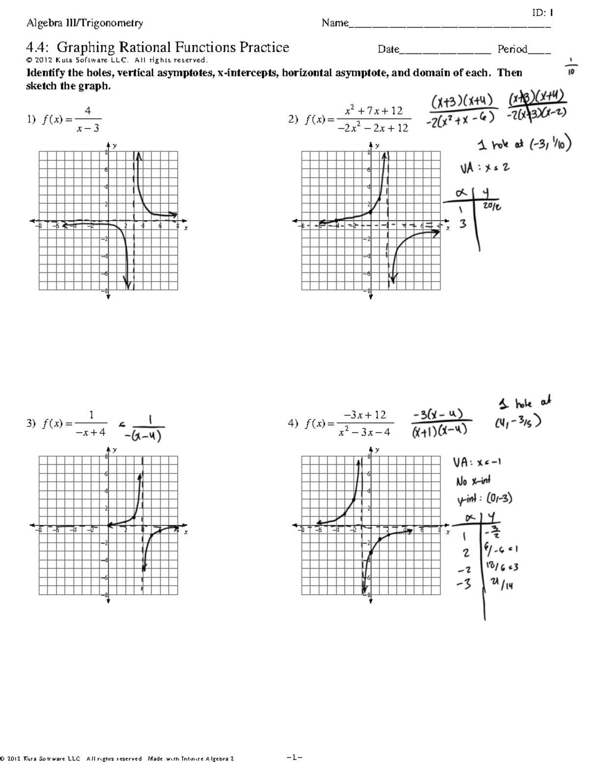 Graphing Rational Functions Worksheet 2 Algebra III Trigonometry Studocu