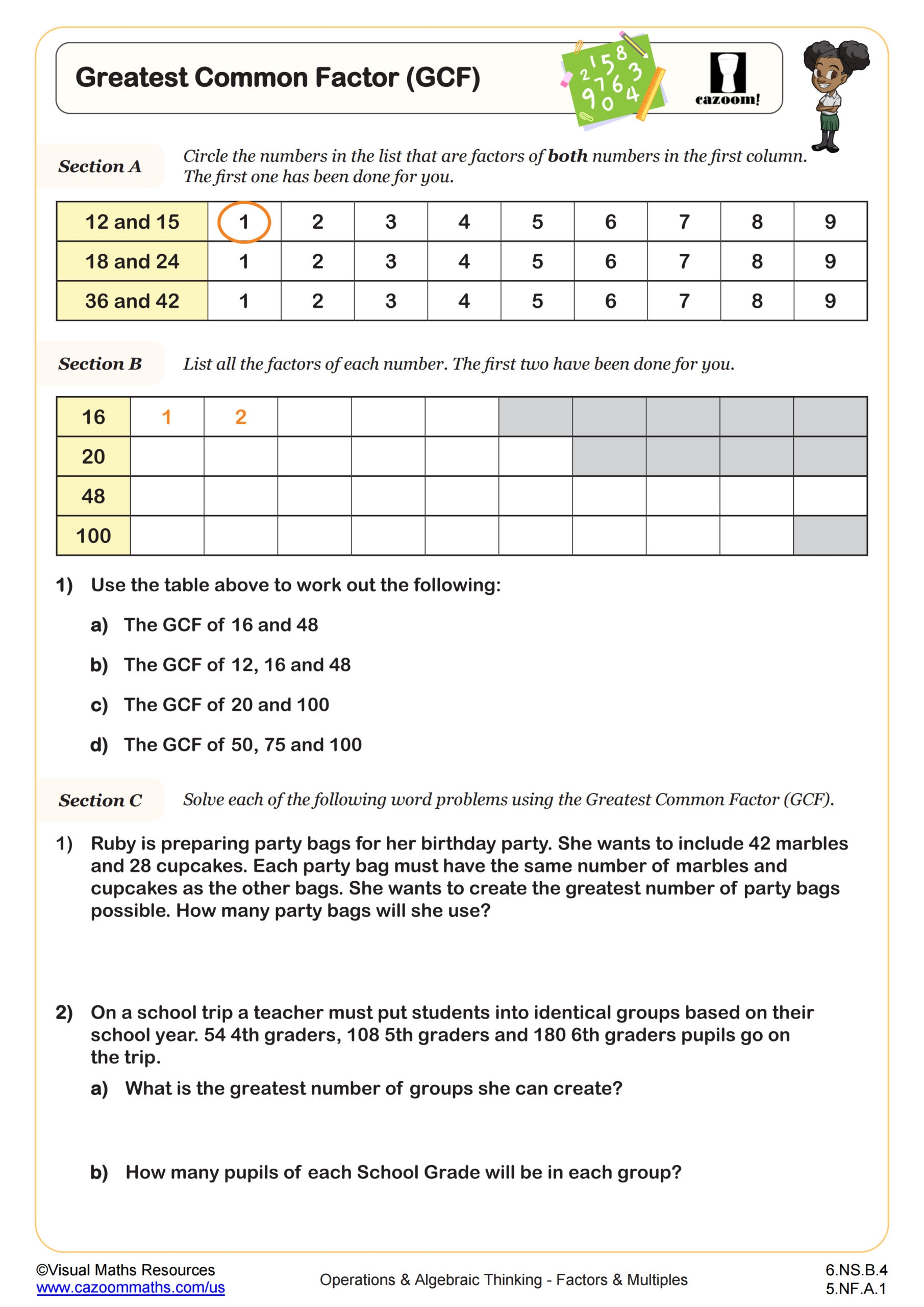 Greatest Common Factor GCF Worksheet PDF Printable Operations Algebraic Thinking Worksheet Cazoom Math