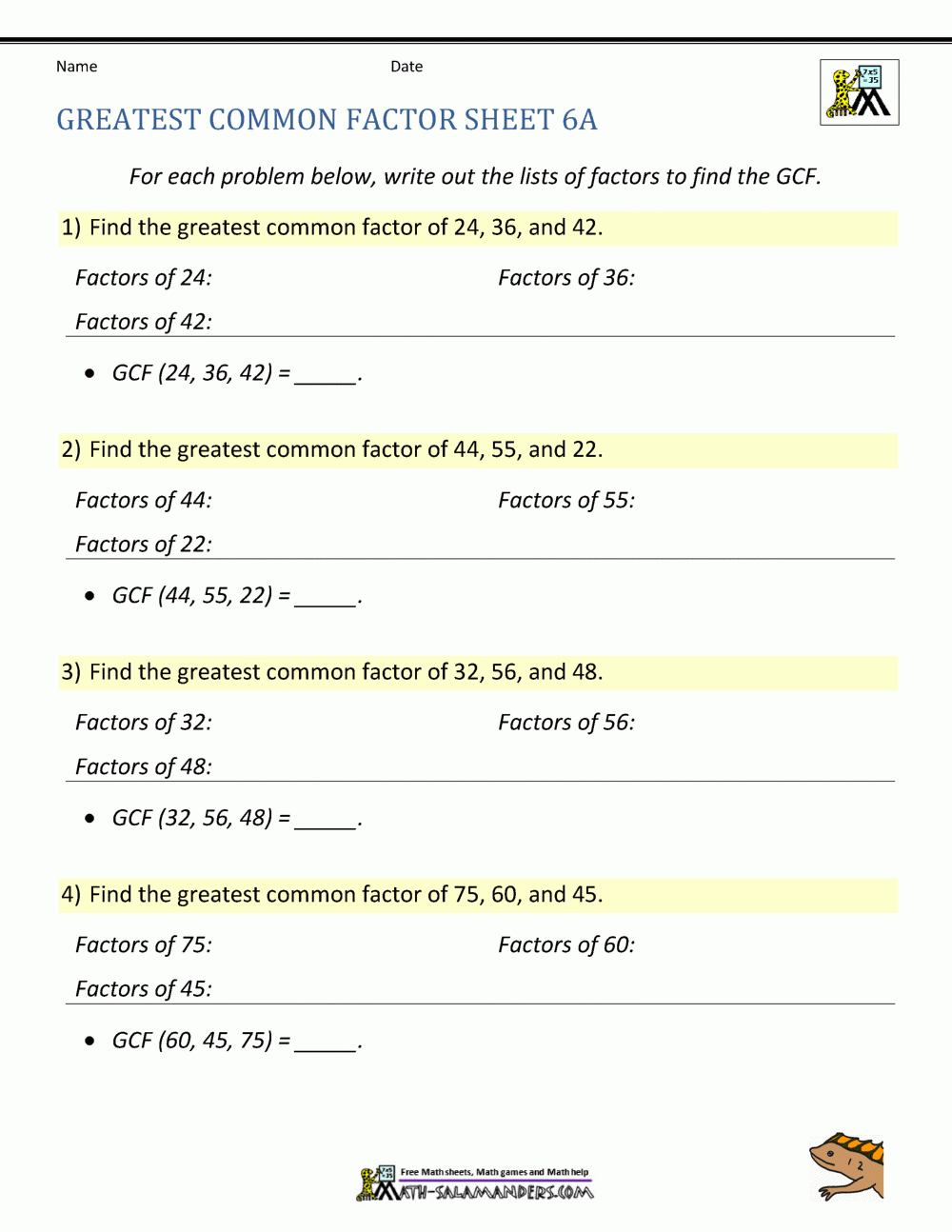 Greatest Common Factor Worksheet Page