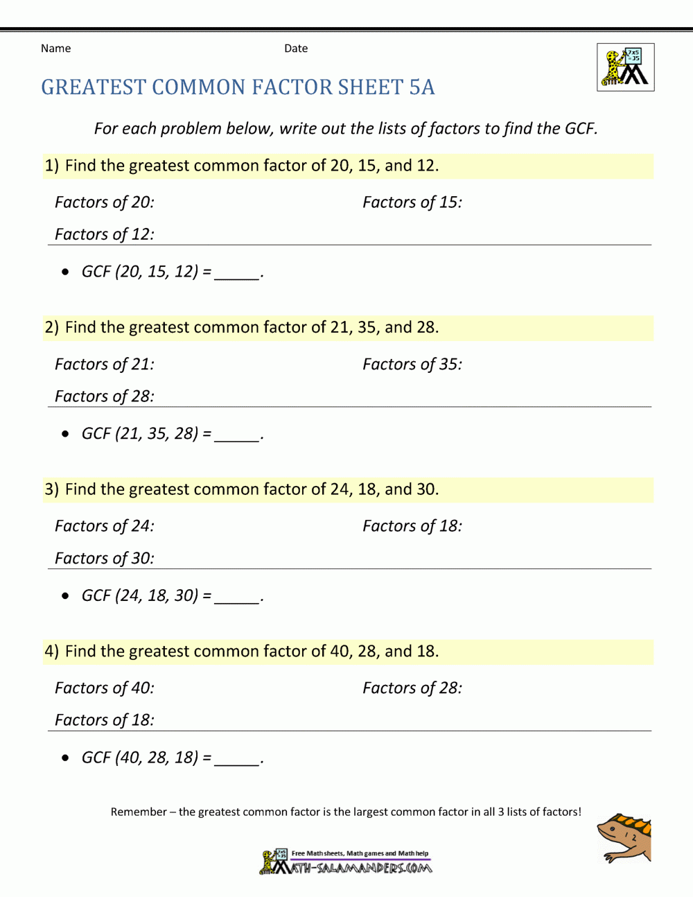 Greatest Common Factor Worksheet Page