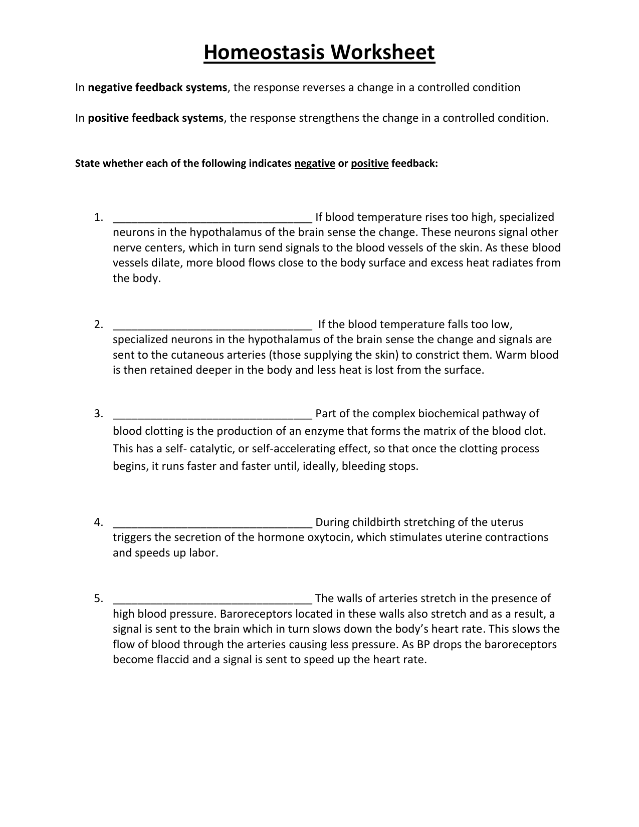 Homeostasis Worksheet Positive Negative Feedback