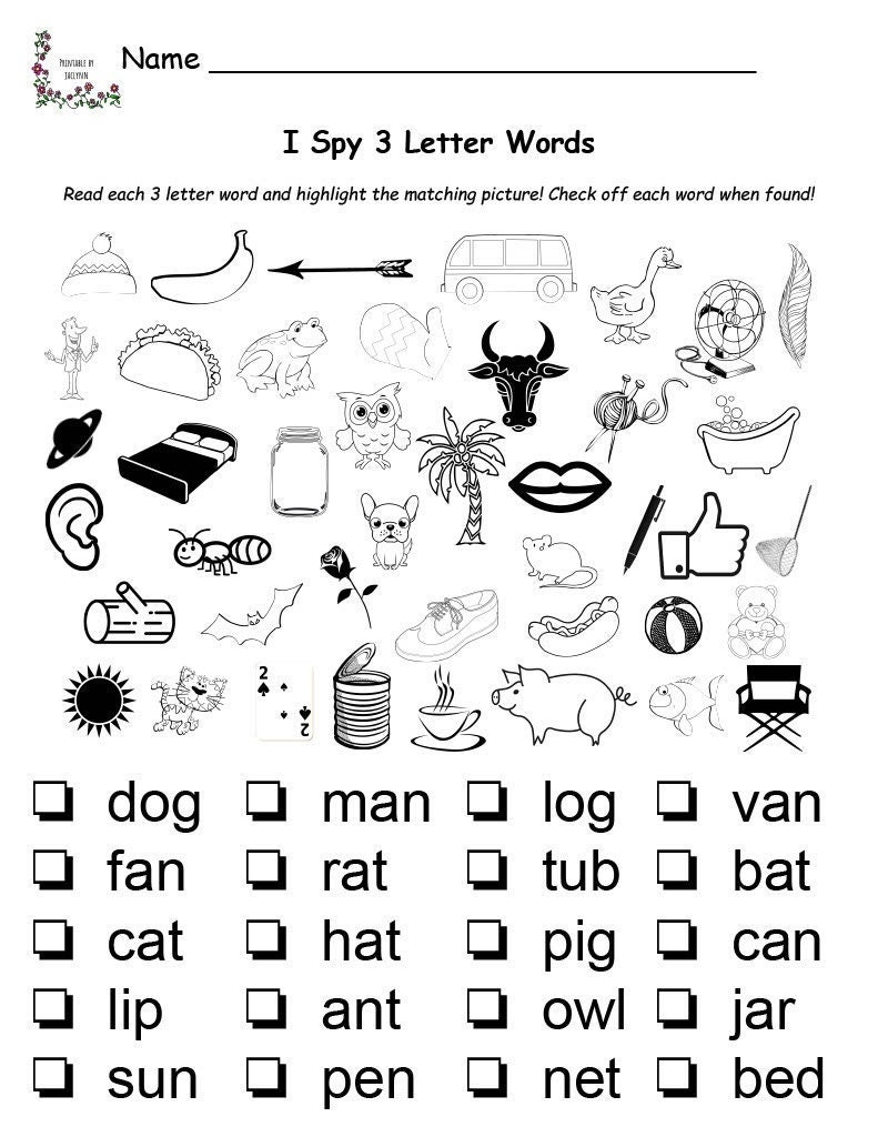 I Spy 3 Letter Words Printable Worksheet Match Words To Pictures Preschool 1st Grade Etsy Hong Kong