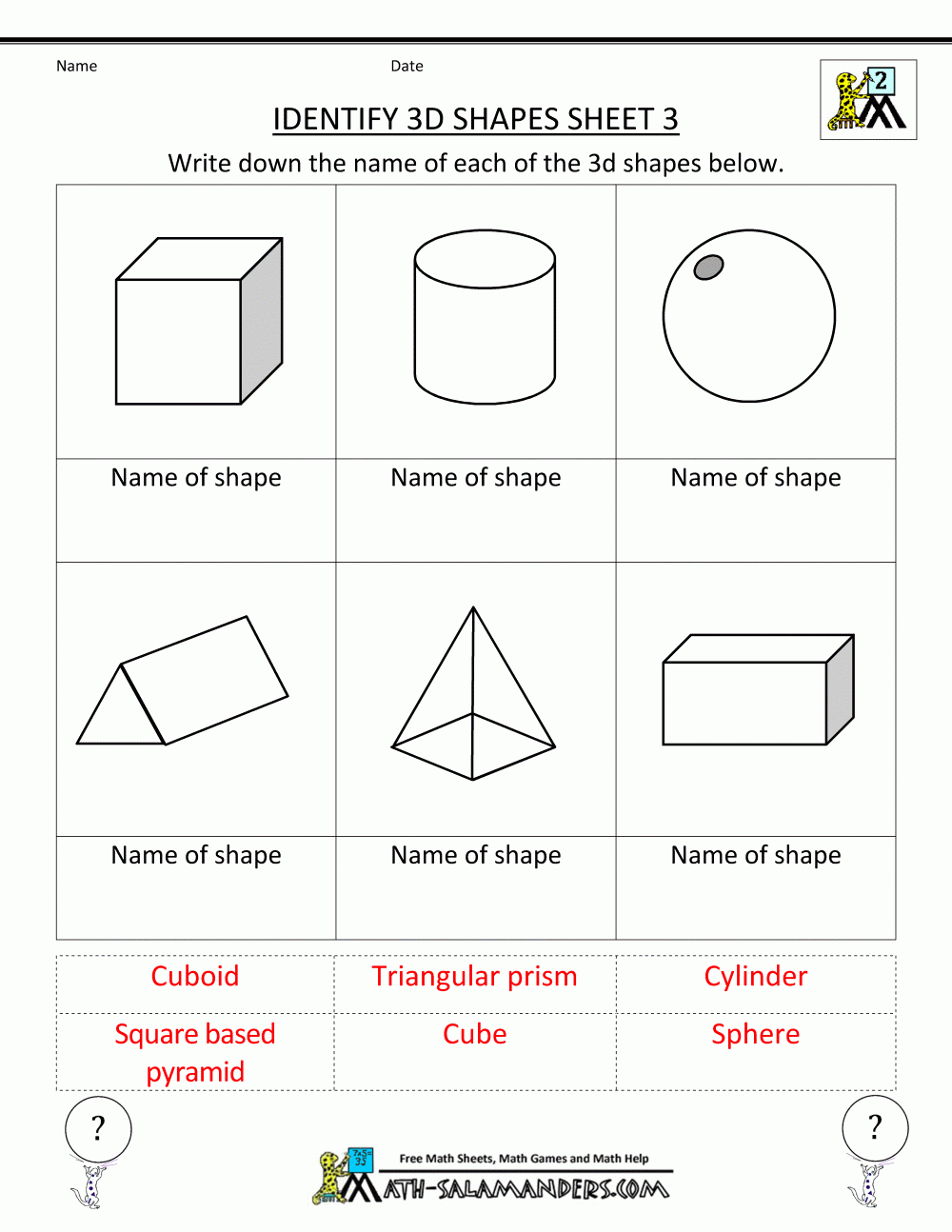Identify 3D Shapes Sheet 3
