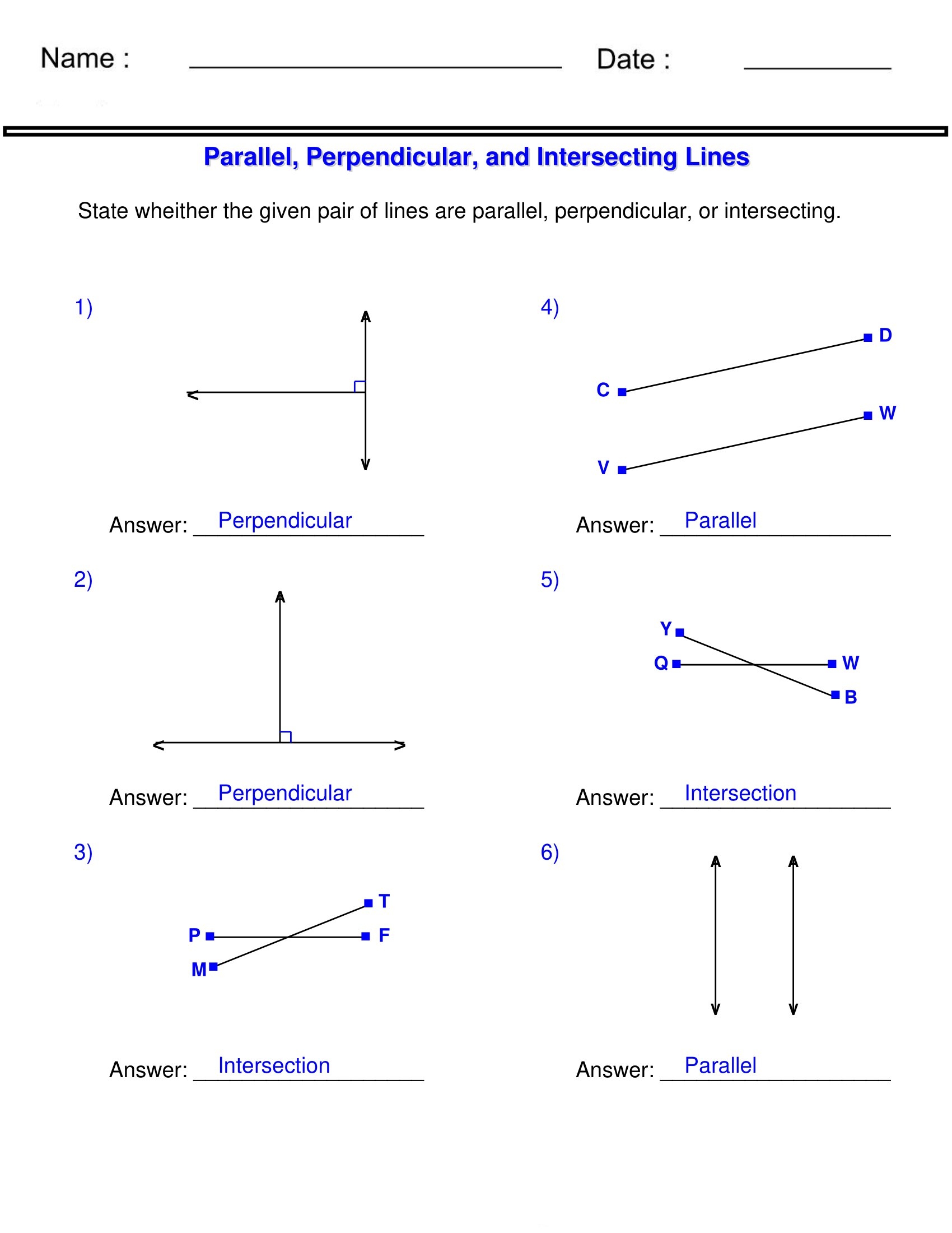 Identifying Parallel Perpendicular Intersecting Lines Worksheet Made By Teachers