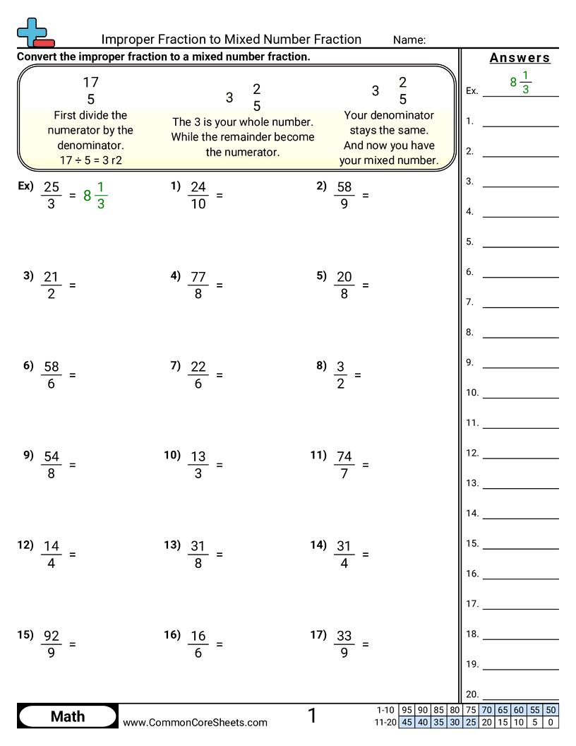 Improper Fraction To Mixed Number Fraction Worksheet Download