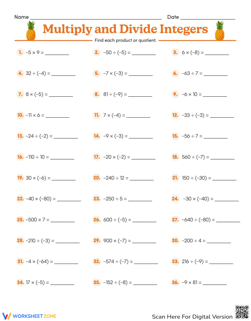 Integers Multiply Divide Practice Worksheet