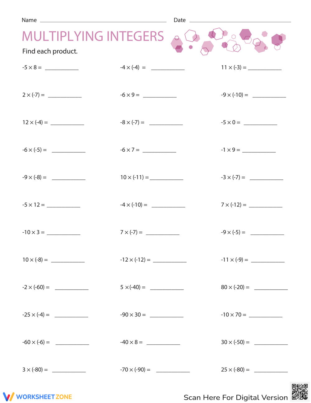 Integers Worksheets Printable