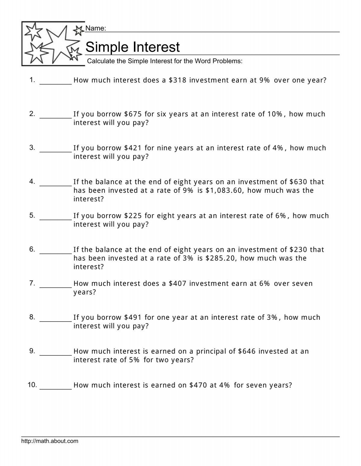 Interest Worksheet About Interest Worksheet About