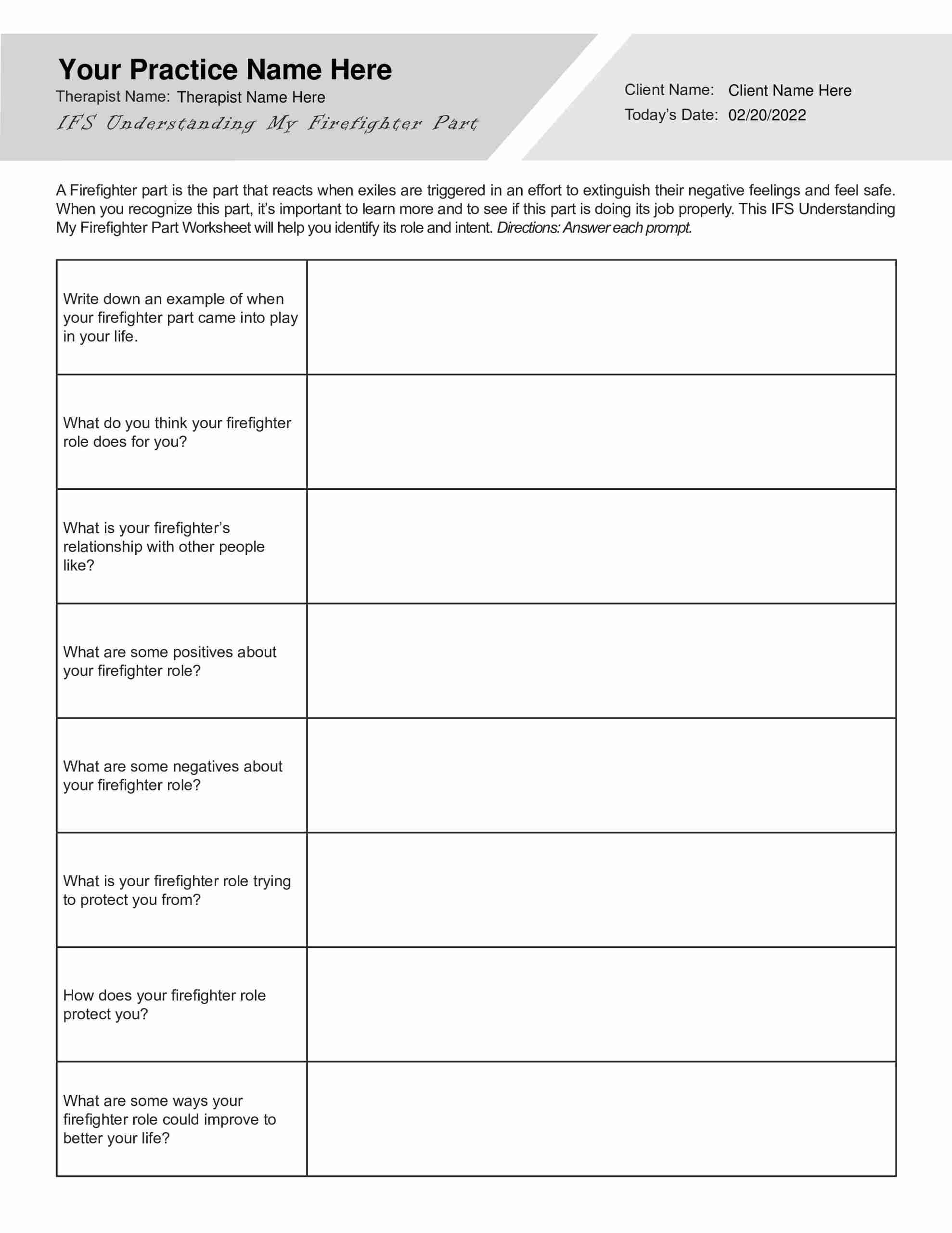 Internal Family Systems Understanding My Firefighter Part Worksheet PDF TherapyByPro