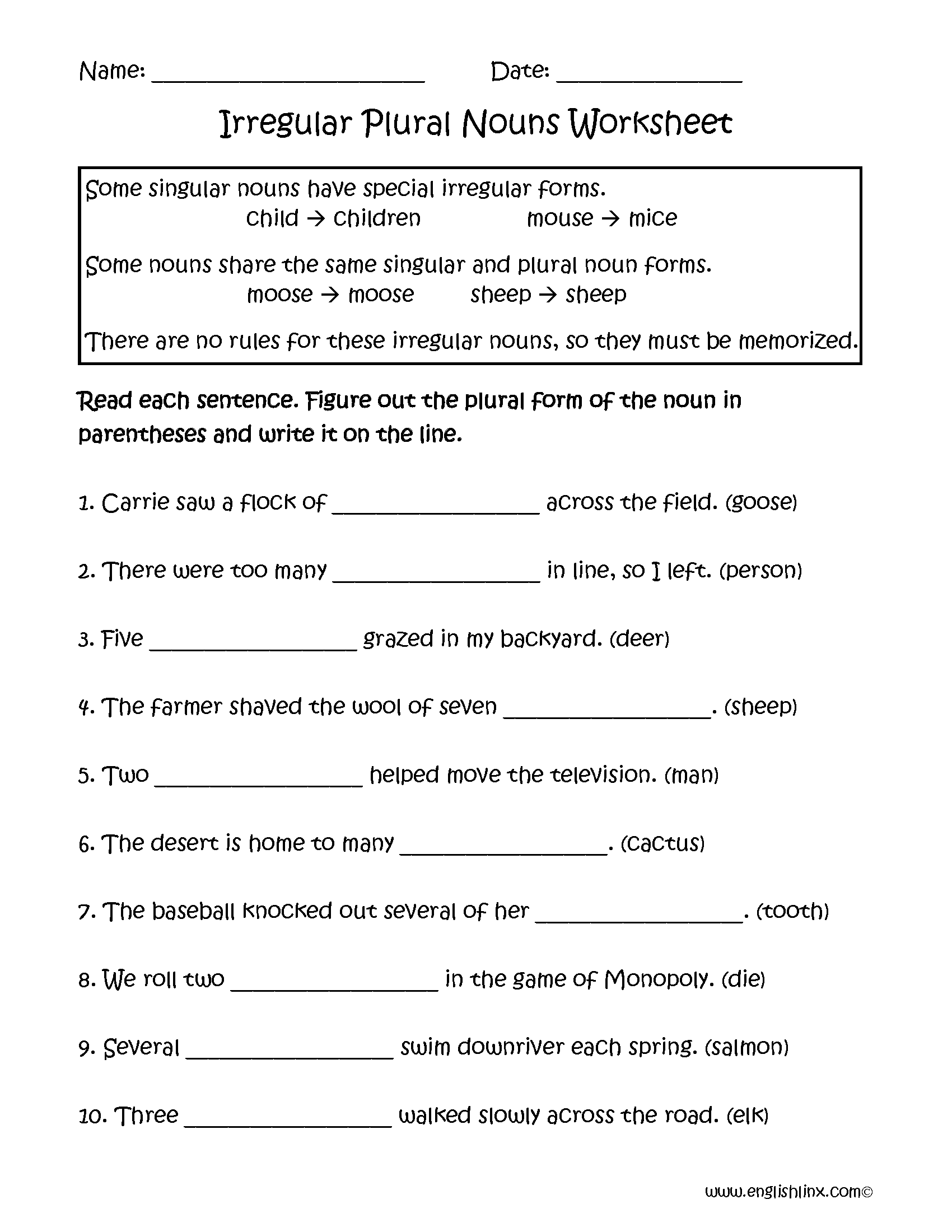 Irregular Nouns Worksheets Irregular Plural Nouns Worksheets