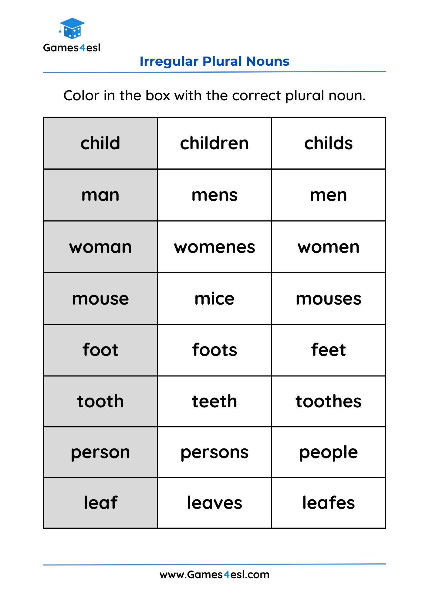 Irregular Plural Noun Worksheets Games4esl