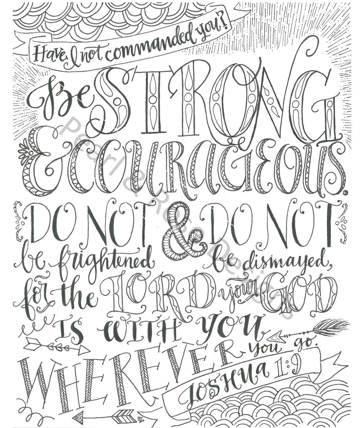 Joshua 1 9 Be Strong And Courageous Bible Verse Printable Hand Drawn Instant Download Adult Coloring Page
