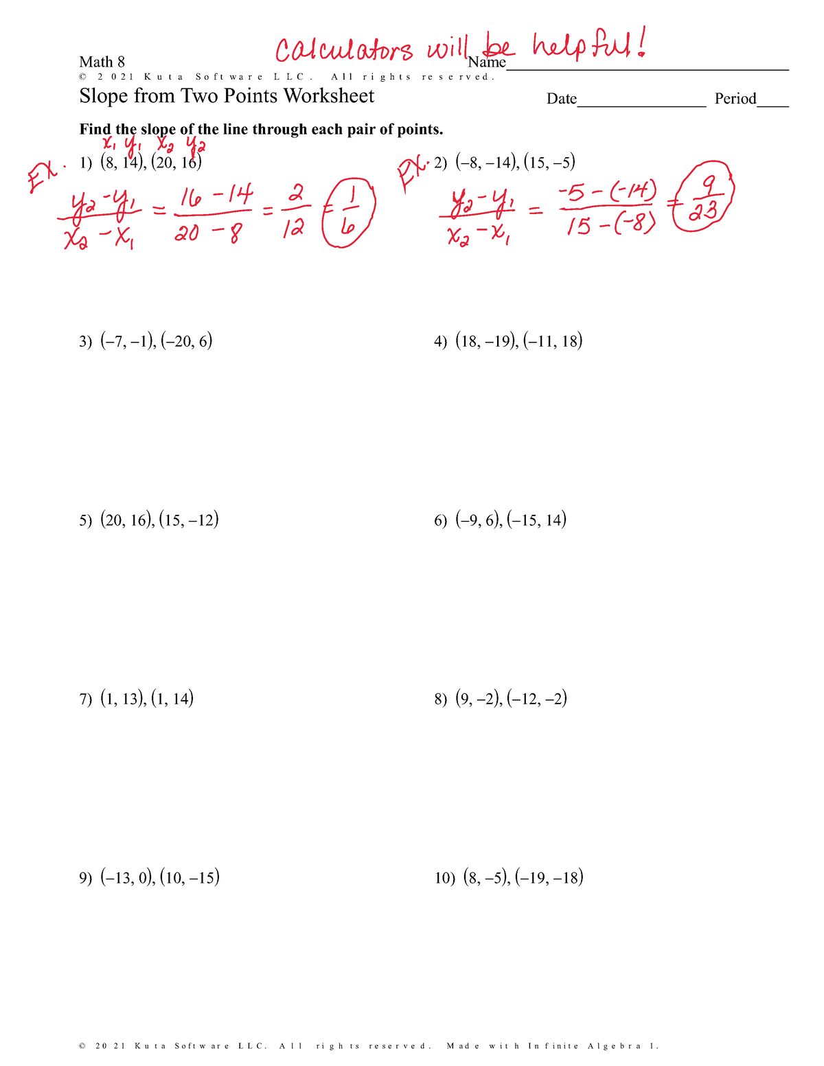 finding slope from two points worksheet