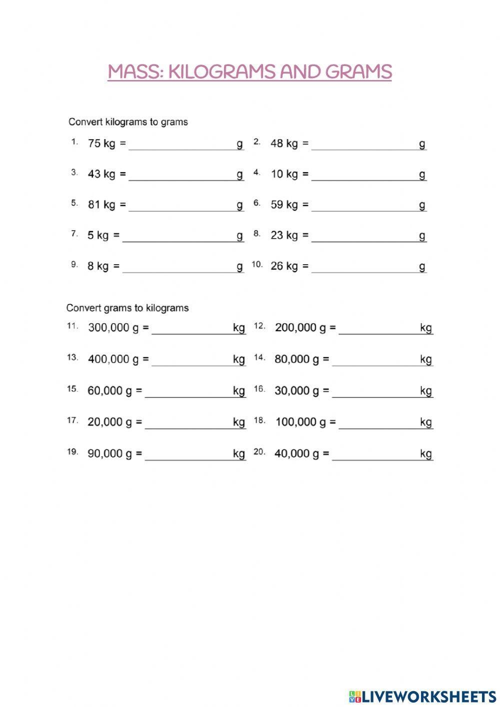 Kilograms And Grams Activity Worksheets Library